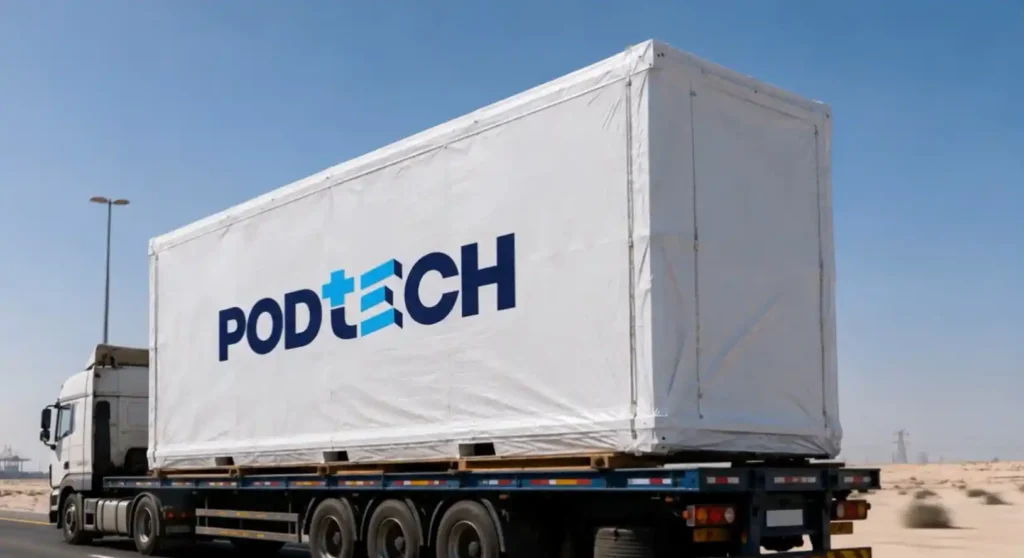 white cargo trailer on a long flatbed truck with podtech logo driving along a desert highway under a clear blue sky