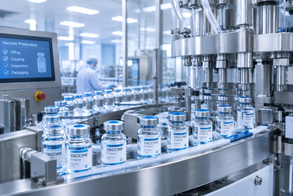 conveyor belt with small vaccine bottles labeled vaccine in a sterile manufacturing line with automated filling machinery nearby.